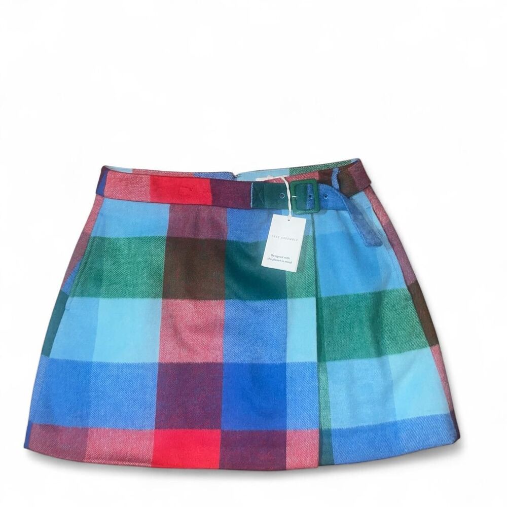 Free Assembly Women's Multicolored Plaid Wrap Front Mini Skirt SZ 12 NWT